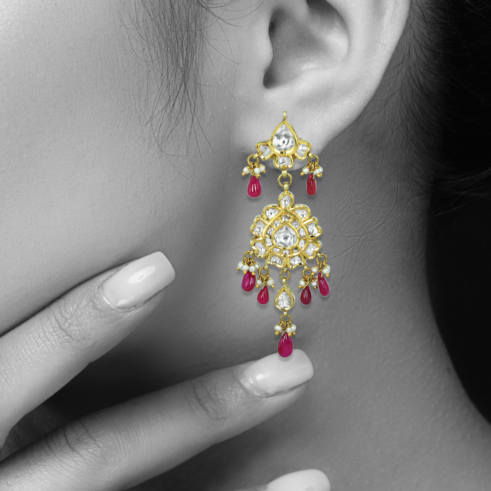 Polki Earrings with Floral Motifs, Ruby Drops, and Pearls